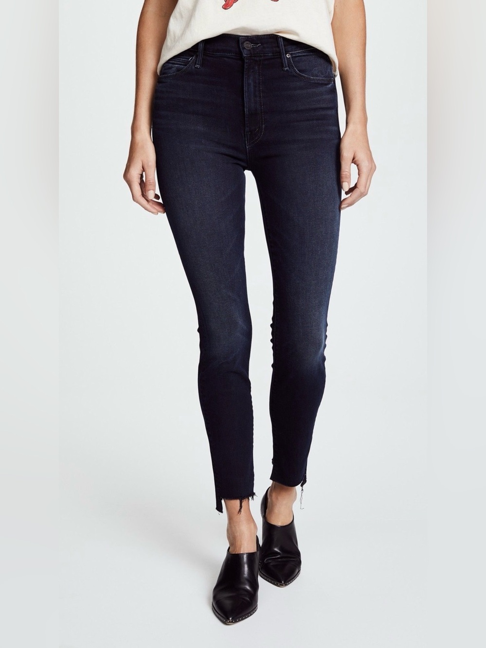 MOTHER The Stunner Zip Two Step Fray Jeans Womens 26 Dark Wash High Rise Skinny